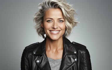 Wall Mural - A woman with short blonde hair is smiling and wearing a leather jacket. She has a bright and happy expression on her face