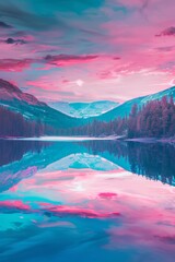 Wall Mural - A stunning holographic lake reflects a digital sky, creating a surreal and futuristic landscape