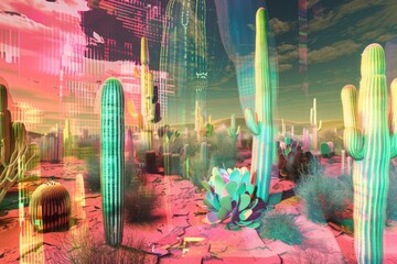 Wall Mural - A surreal, abstract desert landscape featuring holographic elements and digital cacti