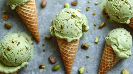 Wall Mural - Tasty pistachio ice cream in wafer cones displayed on a light grey table from a top down perspective