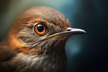 A close-up shot of a brown bird with distinctive orange eyes, suitable for use in wildlife or nature photography