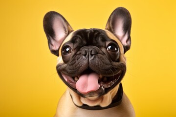 Wall Mural - Portrait of a smiling french bulldog while standing against soft yellow background