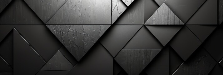 Wall Mural - black abstract, iPhone wallpaper, monochrome design, neat symmetrical pattern, parallelogram tiles, right lower third lighting, banner, 3:1