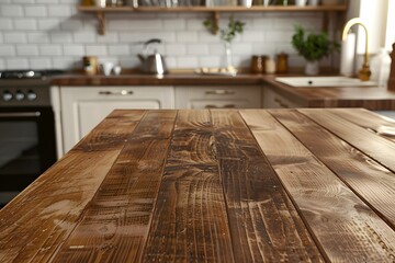 Wooden table for product over blurred kitchen interior background