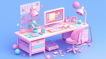 Wall Mural - Graphic designer setup, with computer, soft-colored tools, and a creative studio environmen