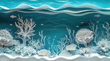 Wall Mural - Paper cutout of an intricate underwater landscape with white corals, plants, and fish against a turquoise backdrop, illustrating the richness of ocean ecosystems.