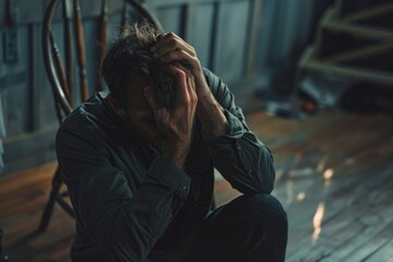 A person sitting on the floor, concealing their face with their hands