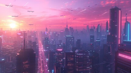 Wall Mural - A futuristic cityscape at dusk, with sleek skyscrapers and flying vehicles.