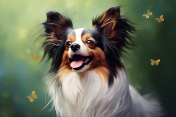 Wall Mural - Portrait of a happy papillon dog isolated on soft green background