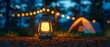 © ธนากร บัวพรหม - Glowing lantern as the focal point, with cozy tents and string lights creating a warm, inviting atmosphere in a wooded camping area