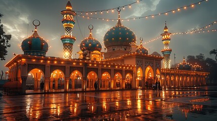Wall Mural - A mosque beautifully decorated with lanterns and lights.