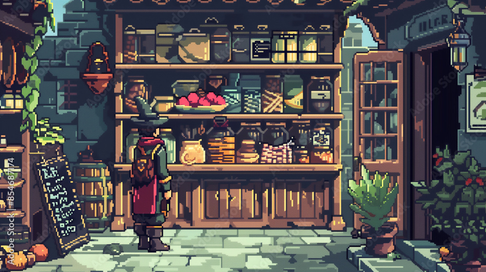 Merchant Pixelated A pixel art merchant with a backpack full of goods , game assets, pixel ...