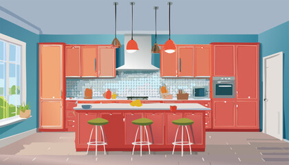 kitchen room dining table, with fridge. Interior background. Vector illustration a