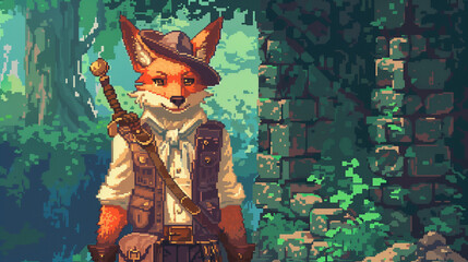 A pixel art fox-man character wearing a merchant's vest and hat, holding a coin pouch , game assets, pixel art