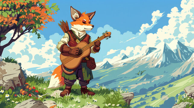 A pixel art fox-man character with a lute, performing as a traveling bard , game assets, pixel art