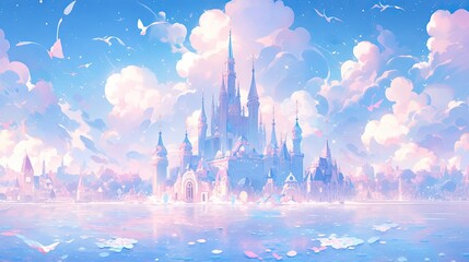 Underwater castle, featuring soft-colored towers, playful sea creatures, and a dreamy underwater background
