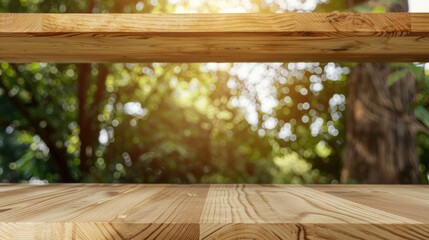 Poster - Wooden shelves in a coffee shop with empty surfaces against a background of blurred trees suitable for product display montage