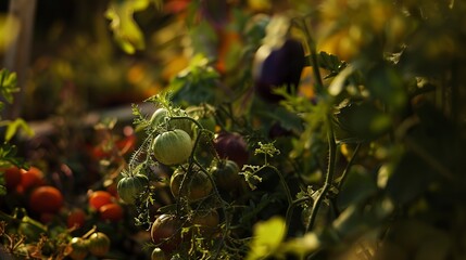 Poster - Diverse edible garden, macro shot, late afternoon light, rich colors, detailed texture, healthful