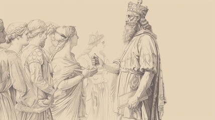 Wall Mural - Parable of the Wedding Feast Illustration: King Inviting Guests, Beige Background, Biblical Copyspace