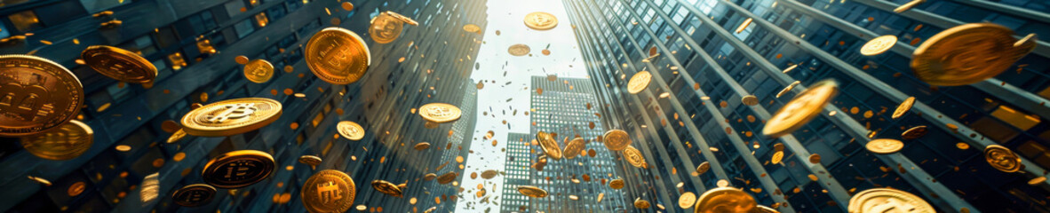 Wall Mural - A large number of gold coins are falling from the sky in a city