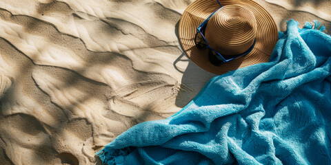 A blue beach towel is laying on the sand next to a straw hat and sunglasses