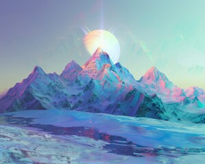 Wall Mural - Abstract digital landscape featuring a holographic mountain range stretching across a futuristic horizon, blending technology and nature
