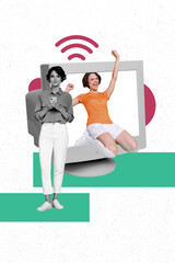 Poster - creative trend collage of young female device wifi internet social media fake happy representation w