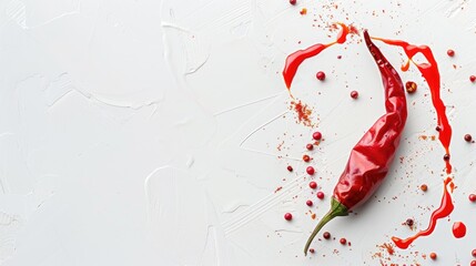 Red chili pepper and sauce displayed against a white backdrop