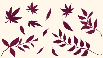 set of leaf silhouettes, maple leaves and branches. different simple vector plants illustration for 