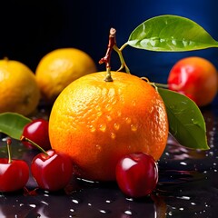 Wall Mural - red apple and orang, oranges with leaves on a branch in water drop on it.