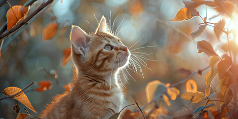  A small kitten with stripes looks up to the sky The background is blurred with autumn leaves.