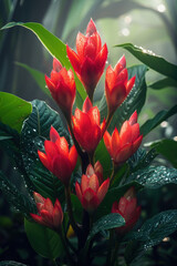 Wall Mural - The Lipstick Plant, Aeschynanthus radicans, thrives in the humid rainforest canopy. Its red tubular flowers, resembling lipstick, prefer bright, indirect light.