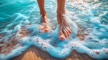Close-up of bare feet standing in foamy ocean waves on sandy beach