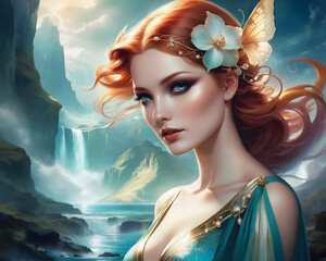 Wall Mural - 
A beautiful red-haired woman stands in front of a mountain lake.