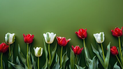 Wall Mural - Red and white tulips against a vibrant green backdrop with space available for text