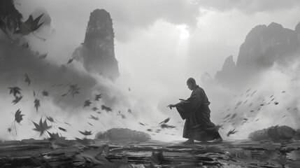 young monk practicing martial arts in misty mountain terrain, dynamic and serene scene, monochrome art
