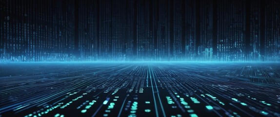 An abstract digital cyber background with binary code and AI algorithms running in the background