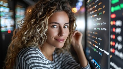 Wall Mural - A young woman with curly hair looks at a data display in an office at night