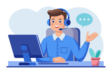 Aufkleber - Close-up photo of a young man in a headset and a blue shirt sitting at a desk in an office in front of a camera and conducting a video call with a client gesturing with his hands and explaining