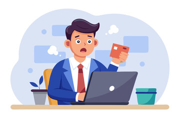 Aufkleber - Shocked young male office worker sitting at workplace holding wallet and credit card and looking worriedly at laptop screen modern flat design simple vector illustration isolated transparent
