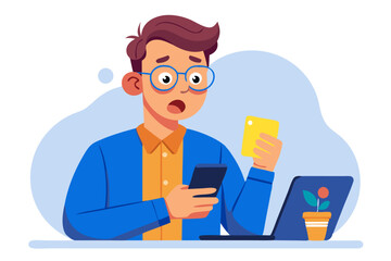 Poster - Close-up photo of a shocked young man in glasses and a blue shirt who is in the office holding a credit card and looking disappointed at the mobile phone screen modern flat design simple vector