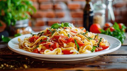 Wall Mural - Pasta and veggies on a dish with a backdrop of a brick wall
