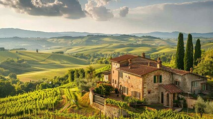 Photograph of a Tuscan countryside landscape, with terracotta-colored rooftops and stone walls blending harmoniously with the rolling hills and vineyards.