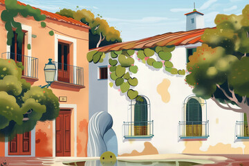 Wall Mural - Spain town buildings with houses and green trees, spanish architecture, europe travel poster