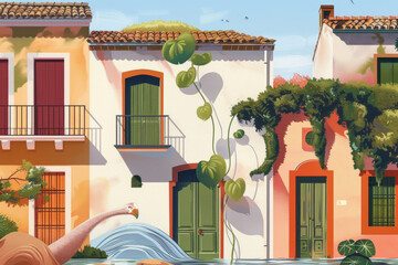 Wall Mural - Spain town buildings with houses and green trees, spanish architecture, europe travel poster