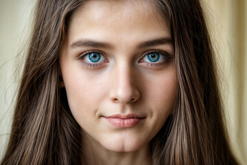 Close-up portrait of pretty jewish teenage girl with long brown hair and blue eyes, looking at camera. Face of serious jew teen lady, pensive look. Youth positive emotion concept. Copy ad text space