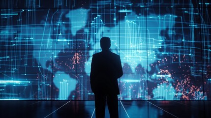 Wall Mural - Silhouette of businessman look at big screen blueish glowing world map business data chart graph analysis back of Caucasian male in suit dark room at night