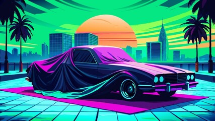 Canvas Print - Retro car on the road in the city. Vector illustration.