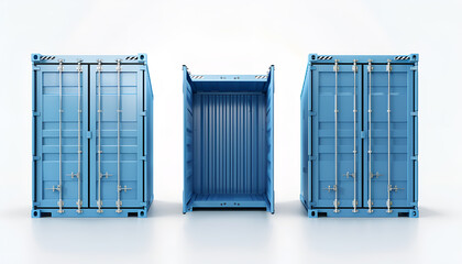 Wall Mural - set of open and closed blue metal cargo containers, shown from front and side views