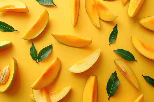 ripe sweet slices of mango fruit and leaves pattern on bright yellow background top view